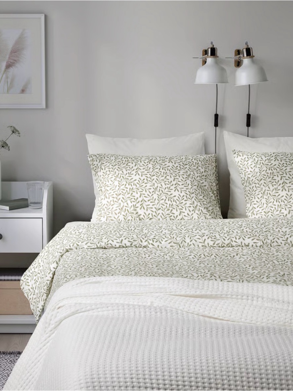 Ikea Full Neutral Leaf Print Cotton Duvet Cover Set - White and Sage